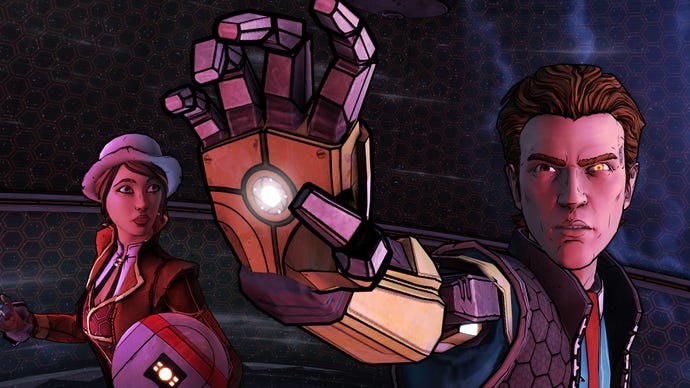 A man lifts up his robot arm in Tales From The Borderlands
